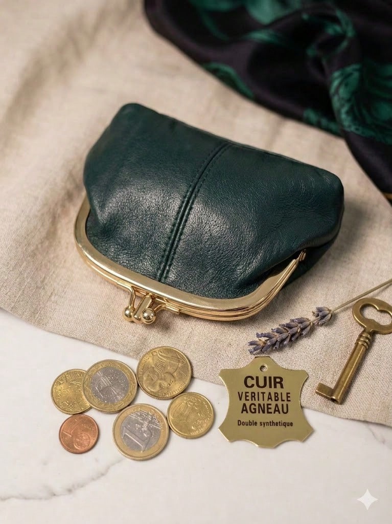 Porte-monnaie en cuir véritable, certifié cuir agneau, petit, mignon et pratique véritable. - Vert - Voir 1