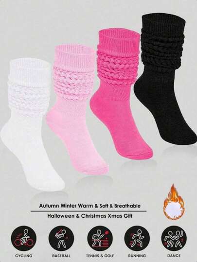 4 Pairs Women Loose Socks, Soft Knit Ankle Socks, Solid Color Compression Socks, Bubble Socks, Mid-Calf Socks, Warm & Breathable Socks For Autumn/Winter, Halloween & Christmas Gift