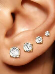 Khuyên tai đính đá Cubic Zirconia mạ vàng 14K, unisex, chất liệu thép không gỉ không gây dị ứng, màu bạc/vàng, kích thước 3-4-5-6mm, thích hợp đeo hàng ngày. - Như thể hiện trong hình ảnh - Xem 2