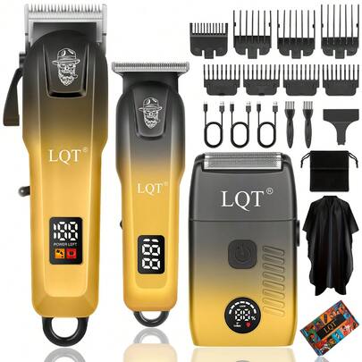 LQT Juego de 3 piezas de herramientas de aseo para hombres - Cortadora de pelo y afeitadora eléctrica inalámbrica, juego de corte de cabello inalámbrico multifunción, recargable por USB, ideal para corte de cabello en casa, recorte de barba y cuidado personal, regalo perfecto para días festivos, Día del Padre