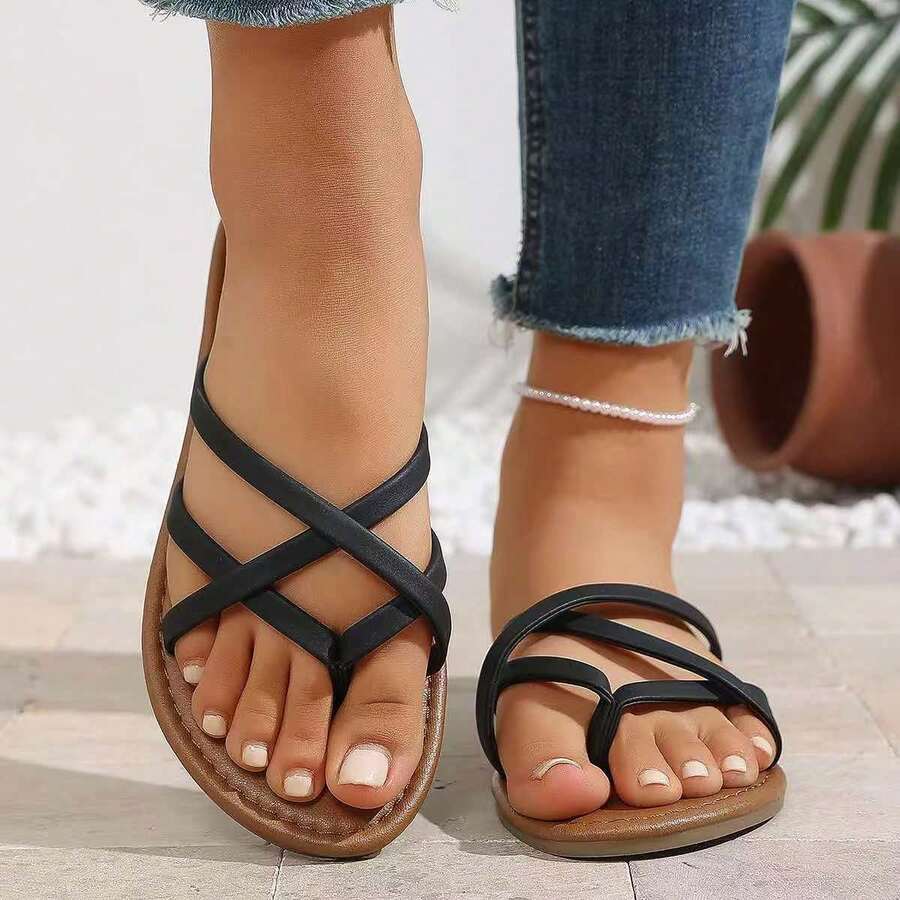 Sandal đế bằng màu đen kiểu đan chéo dành cho nữ - màu đen - Xem 1