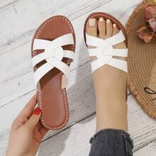 女士金属编织交叉拖鞋，女士平底拖鞋 - 白色 - 查看 9