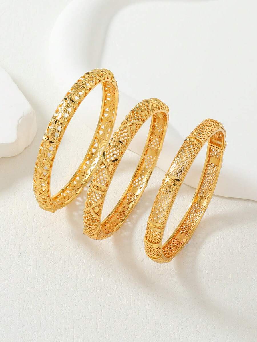 Bộ 3 vòng tay bằng đồng mạ vàng kiểu Ả Rập Xê Út, quà tặng cho gia đình và bạn bè. - Vàng - Xem 1