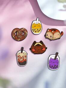 1/6pcs Cute Realistic Food Brooch, Pearl Milk Tea & Bread Cat Design, Adorable & Versatile, Each Piece Adds A Gentle, Relaxed Touch To Your Outfit - Multicolor - View 3
