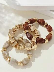 3pcs Vintage Multi-Layer Brown Acrylic Beaded Bracelet, Transformable Gold Chip Bracelet, For Women, Couples, Party, Daily Wear - 3pcs - View 2