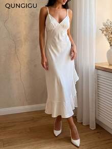 QUNGIGU Women's Elegant White Satin V-Neck Asymmetric Ruffle Hem Maxi Dress, Suitable For Pre-Wedding Parties And Formal Dinners - White - View 2
