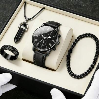 Bộ phụ kiện nam phong cách tối màu 4 món | Đồng hồ mặt đen + Mặt dây chuyền đá obsidian đen + Nhẫn bện + Dây chuyền Cuban, Cá nhân hóa, Nâng tầm phong cách của bạn