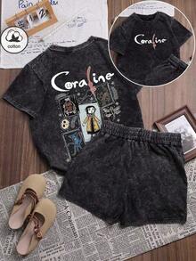 2pc DYE DOODLE Es Trus Cotton, Summer Women's Fun Print Hip-Hop "Illustration Retro Letters" Personalized Pattern Print Street, Korean Version Of Comfortable Retro Fashion Commuting All-Match Y2k Clothing Women's Clothing, Suitable For Outdoor Leisure, Regular Niche Punk Style Dark Green Well-Fitting Round Neck Short-Sleeved Washed T-Shirt Shorts Two Pieces Set Summer Outfits Men 2 Piece Set Summer Tops Summer Clothes Shirts Summer Outfits For Women Summer Tops Women Mothers Day Outfit Festival Outfits For Women Festival Outfits For Women - 黑色 - 查看 1