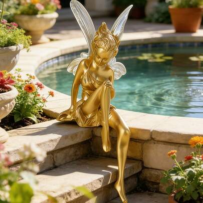 Tượng nàng tiên vàng bằng nhựa giả cổ tích – Tác phẩm điêu khắc sân vườn có cánh tinh tế cho hồ bơi, ao cá Koi, vành đài phun nước và lối đi trong vườn nước, chất liệu nhựa bền chắc, màu vàng óng ánh, lý tưởng cho trang trí nhà theo phong cách Boho, Vintage và Fairycore, tô điểm thêm vẻ quyến rũ cho cảnh quan nước, tác phẩm nghệ thuật ngoài trời vượt thời gian cho các tiểu cảnh nước.