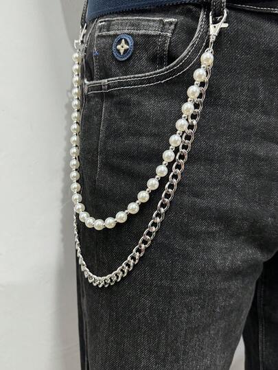 1件欧美时尚简约多层裤链，仿珍珠和CCB珠饰，粗铁链材质，男女皆宜，适合休闲、约会、牛仔裤搭配。