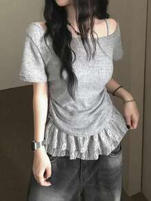 Conjunto de 2 piezas de top de manga corta con lazo y camiseta interior fruncida de encaje, estilo sexy y casual para el verano - Gris - Ver 6