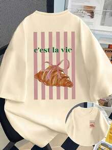 大码女式休闲短袖T恤，采用活力羊角面包和条纹图案，圆领设计，适合春夏穿着，也适合作为大码女式T恤、秋冬装、秋冬服装、冬季服装、女式冬季服装、户外女式上衣、情人节女装、大码女装。 - 杏色 - 查看 1