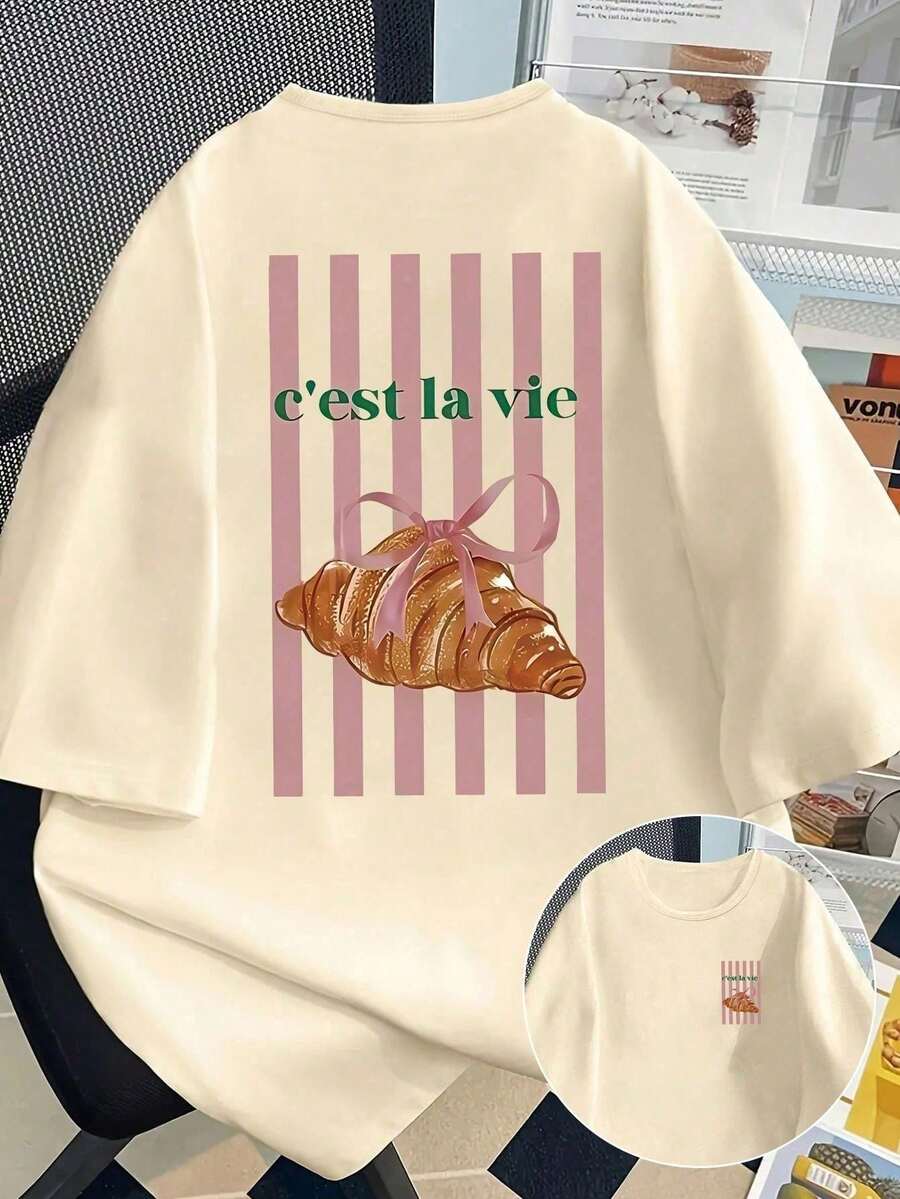 大码女式休闲短袖T恤，采用活力羊角面包和条纹图案，圆领设计，适合春夏穿着，也适合作为大码女式T恤、秋冬装、秋冬服装、冬季服装、女式冬季服装、户外女式上衣、情人节女装、大码女装。 - 杏色 - 查看 1