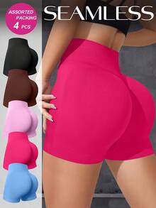 4pcs Random Combination Women's Seamless Sports Shorts, Tummy Control & Butt-Lifting Yoga Boxer Briefs. - Nhiều màu - Xem 2