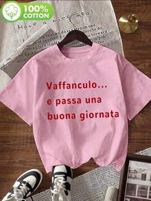 Oversized Damen T-Shirt mit italienischem Slogan, 100% reine Baumwolle, schlichtes lässiges Kurzarm-Fun-Shirt - Pink - Übersicht 1