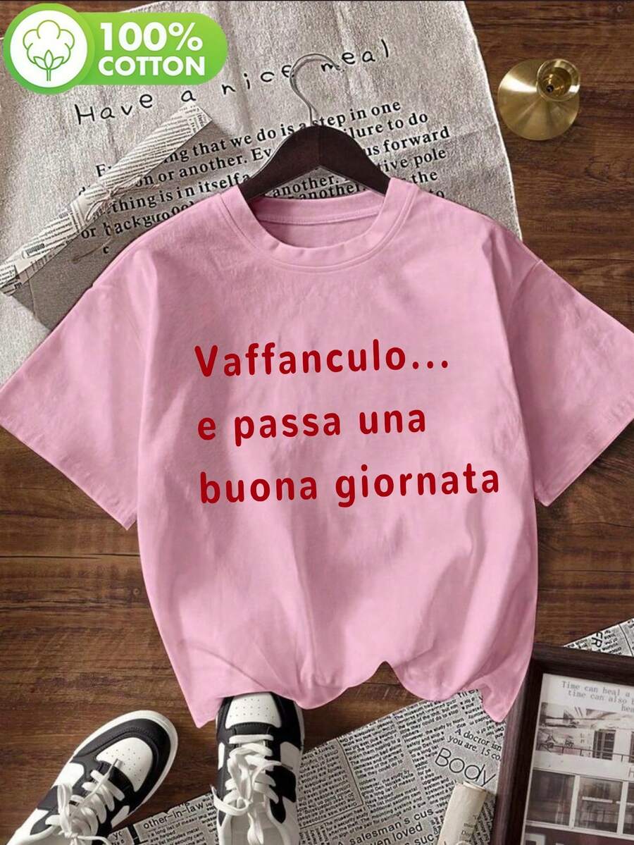 Oversized Damen T-Shirt mit italienischem Slogan, 100% reine Baumwolle, schlichtes lässiges Kurzarm-Fun-Shirt - Pink - Übersicht 1