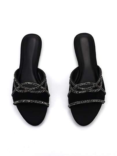Giày sandal đế bằng nữ thời trang đính đá lấp lánh, kiểu dáng rỗng, chất liệu giả da lộn màu đen, mũi tròn, thoải mái, thích hợp cho các dịp thường ngày và dự tiệc.