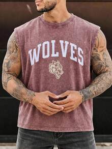 American Retro Vintage WOLVES Wolf Head Printed Sleeveless Vest For Men, Loose Fit Fitness Or Training Cut Sleeve T-Shirt. - 棕色 - 查看 1