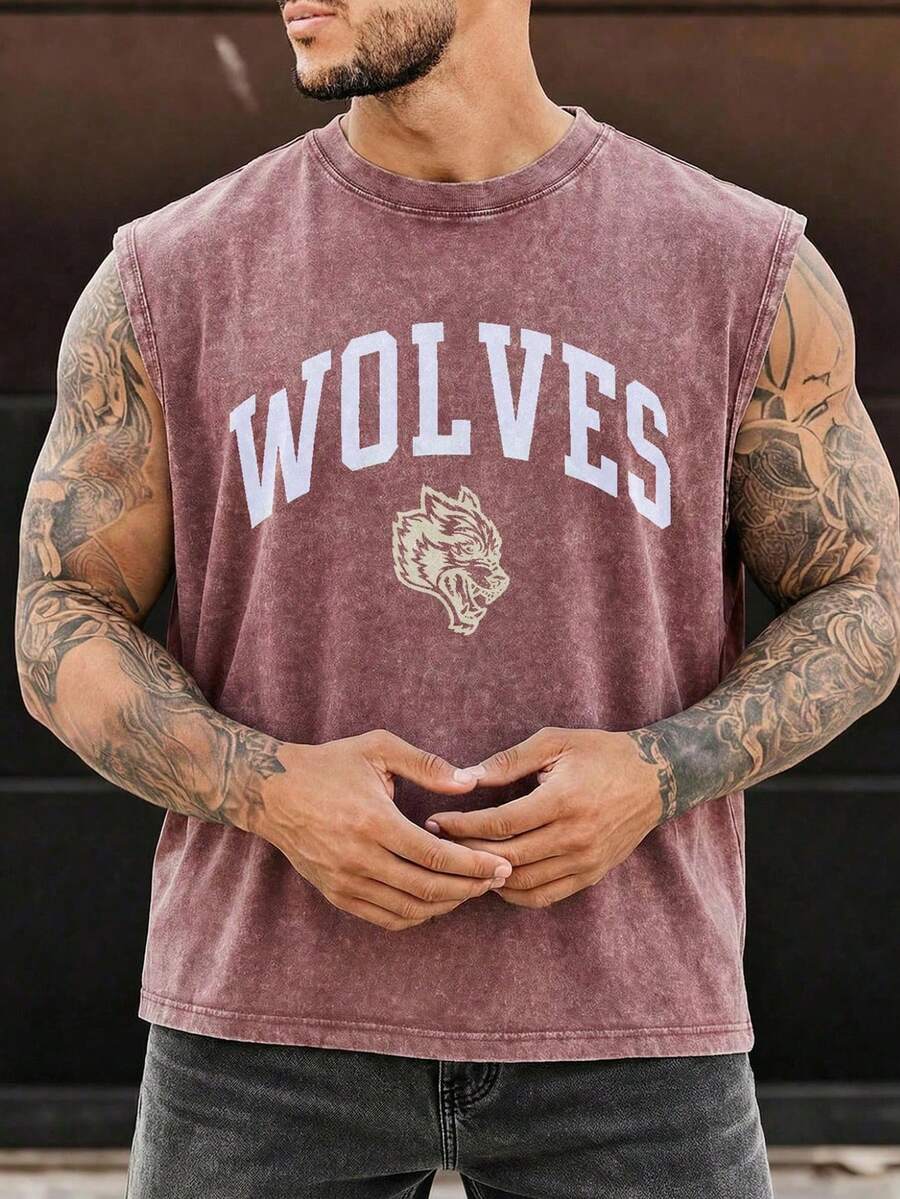 American Retro Vintage WOLVES Wolf Head Printed Sleeveless Vest For Men, Loose Fit Fitness Or Training Cut Sleeve T-Shirt. - 棕色 - 查看 1