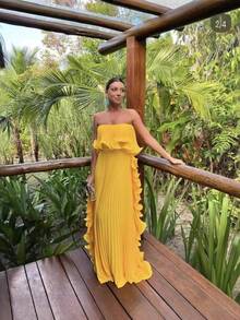 Fashionable And Sophisticated Women's New Style Ins-Inspired Pleated Bustier Maxi Dress - Màu vàng - Xem 2