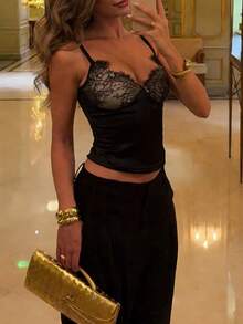 Women's Lace Patchwork Solid Color Cropped Camisole Top - Black - View 8