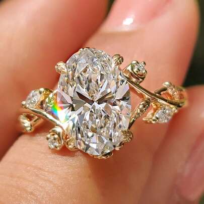 Women's Fashion High-Carbon Oval Zirconia Branch & Leaf Ring, 18K Gold Plated Luxury Vintage Style