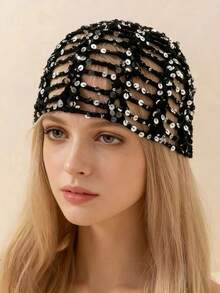 Red Openwork Knit Hat With Mesh And Sparkling Sequins, Bohemian Party Accessory For Women Spring-Summer, Photoshoot Prop - Red - View 11
