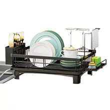 1个自动沥水碗碟架，厨房碗碟收纳架带餐具盒，黑色 - 黑色 - 查看 3