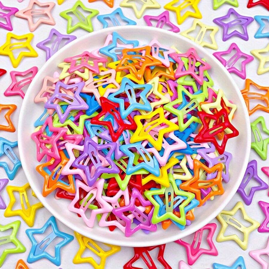 50/100pcs Y2K Star Hair Clips - Hollow Cute Metal Non-Slip Star Bangs Clips, Pastel & Neon Color Pointed Design, Suitable For Women Daily Hairstyles, Ponytail, Bun, Chignon - Color Mixing - View 1