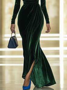 Elegant Women Long Velvet Bodycon Dress With Stand Collar Long Sleeve Flared Hem For Party - 墨綠色 - 查看 3
