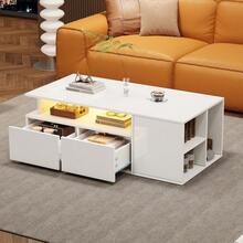 Coffee Table / Modern High-Gloss Coffee Table With LED Lighting / Elegant Table With Drawer And 50 Kg Load Capacity / With Storage Shelf For Living Room, 100x50x40.3 Cm - White3 - View 2