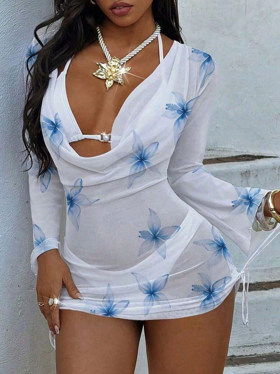 3pcs Floral Jacquard Bikini Set, New Summer Vacation Beachwear, Pearl Buckle Chiffon Camisole, Bra, Panty Swimsuit With Removable Pads, Women Summer Dress, Holiday, Skirt, Ibiza Clothing, Women Swimwear, Bikini Set, Ladies Swimsuit, Women Beach Outfit, Vacation Set, Beach Dress, Women Bikini Set - 多色 2 - 查看 1