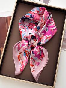 1pc Women's Elegant Retro Printed Lightweight Satin-Like Square Scarf, Bohemian Vintage Casual Scarf, Shawl, Thin & Comfortable Headscarf, Suitable For Spring/Summer Daily Wear And Outings - Pink - View 1