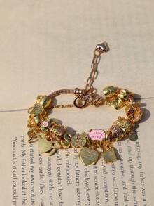 1条心形吊坠手链，猫咪心形大孔珠DIY手链，字母标语翅膀心形吊坠串珠手链，时尚心形手链，旅行纪念手链 - 金色 - 查看 6