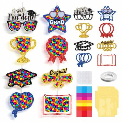 16 Sheets Graduation Rainbow Suncatcher Window Hanging DIY Craft Kit, Stained Glass Effect Paper Cut Ornament,Paper Cut Art, Easy Assembly, Outdoor Patio & Garden Decor,Outdoor Decor, Patio Decor, Garden Ornament, Balcony Decor, Back To School Party Supplies,Graduation Decor, Grad Season,