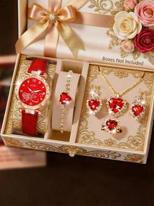 SOKI SOKI Bộ trang sức nữ nhân Ngày của Mẹ, 1 bộ gồm đồng hồ thạch anh mặt tròn tinh tế thời trang, dây chuyền mặt hình trái tim, bông tai, nhẫn và vòng tay. Bộ trang sức này phù hợp để đeo hàng ngày, làm quà sinh nhật, quà tựu trường, quà Lễ Tạ ơn và các dịp lãng mạn, là sự lựa chọn tốt nhất (Không bao gồm hộp quà). - Đỏ - Xem 2