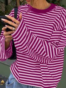 Women's Casual Top, Striped Color Block Ribbed Fabric, Suitable For Spring And Autumn - Hot Pink - View 6