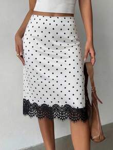 Saia midi feminina de renda preta com bolinhas, sem elasticidade, estilo vintage elegante para deslocamento, encontro, escritório, casual, uso diário e festa (YY1303) - Branco - Ver 4