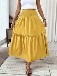 Women's Long Floral Casual Elastic Waist Pocket Ruffle Hem A-Line Maxi Skirt Spring - Pure Yellow - View 5