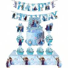 Disney 冰雪主题派对装饰套装，包含生日横幅、蛋糕装饰插牌，适合派对和主题聚会 - 彩色 - 查看 4