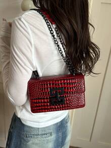 2026新款欧美复古时尚女士斜挎小方包带链条 - 酒紅色 - 查看 4