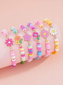 Bộ 6 mặt dây chuyền hoa hướng dương và hoa cúc bằng hợp kim, vòng tay co giãn đính hạt đất sét polymer, quà tặng đeo hàng ngày cho bé gái. - Nhiều màu - Xem 6