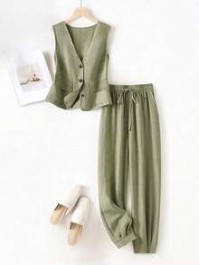 Women's Casual Linen Button Vest And Drawstring Waist Long Pants Set, Spring/Summer - Army Green - View 3