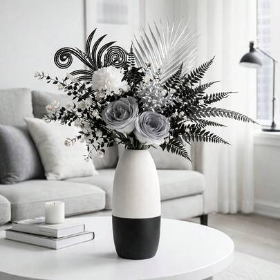 一套现代人造花束，仿真花卉摆设，黑白北欧风格家居装饰，桌面摆件，客厅卧室装饰，无需维护