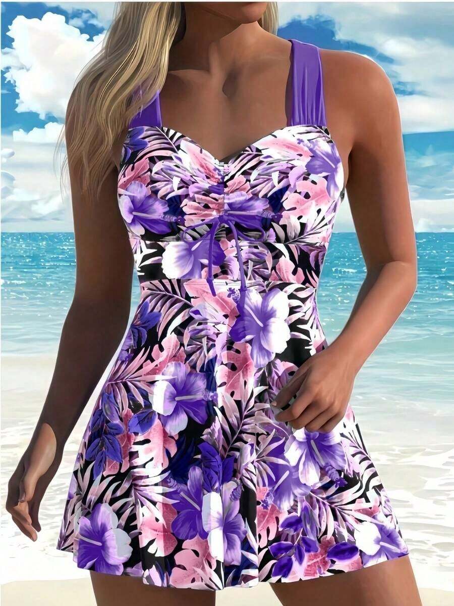 2pcs/Set Women Floral Print Tankini Swimsuit Set, Full Coverage Bandeau Top And Hipster Bottoms, Casual Beach Vacation Hawaiian Style, Elegant & Cute Summer - Dusty Purple - View 1