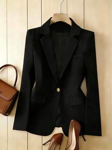 Tailored Blazer With Lining, Functional Side Pocket, Elegant Gold Button, And Faux Chest Pocket | Autumn/Winter - 黑色 - 查看 3