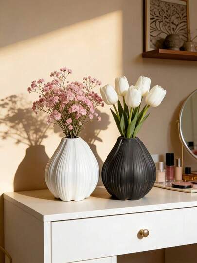 1个独特的现代简约条纹装饰花瓶，南瓜造型纹理桌面花瓶，适用于家居装饰、客厅、卧室、办公室，波西米亚北欧风格创意艺术时尚花瓶