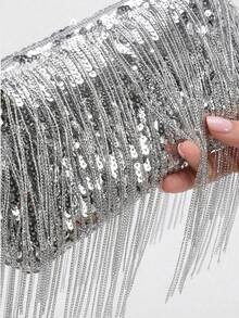 女士银色亮片流苏单肩包，闪亮晚宴手拿包，适合派对、婚礼、舞会等场合 - 銀色 - 查看 4