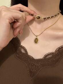 2pcs Vintage Malachite Heart & Tiger Eye Stone Tassel Necklace, Simple Sweater Chain Accessory For Women - màu nâu - Xem 6
