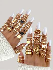Bộ 22/45 chiếc nhẫn vàng giả ngọc trai thời trang phong cách Bohemian hình học tối giản bất đối xứng, phụ kiện hàng ngày, quà tặng. - Bộ nhẫn hợp kim nhỏ - Xem 11